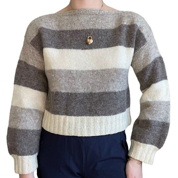 Vintage Womens Hand Knit Striped Brown Cream 100% Wool Soft Boat Neck Sweater - Picture 1 of 6